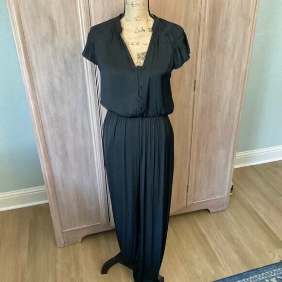 Anthropologie Current Air Black  wide leg jumpsuit pants  pleated ruched v neck - Picture 1 of 15